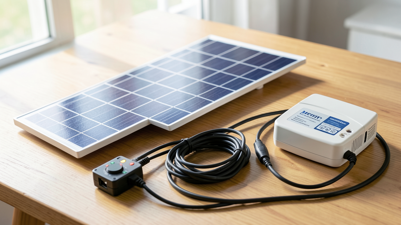panneau photovoltaïque autonome avec ses composants essentiels : panneau solaire, régulateur de charge, batterie lithium-ion, onduleur hybride et câbles de connexion