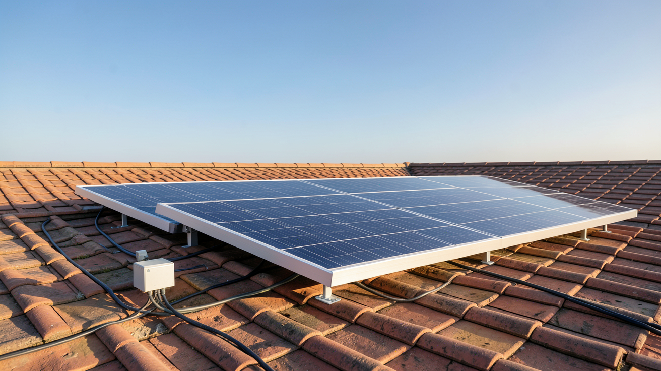 panneau photovoltaïque autonome installé sur un toit plat en tuiles avec système de fixation discret