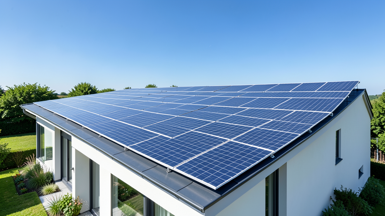 panneau photovoltaique autonomie totale installé sur la toiture d'une maison moderne pour l'indépendance énergétique