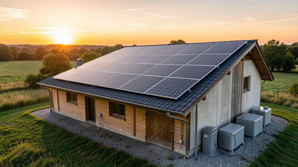 panneau photovoltaique autonomie totale installé sur une maison isolée en campagne avec système de stockage