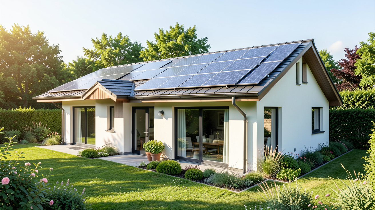 panneau photovoltaique autonomie totale installé sur le toit d'une maison résidentielle moderne