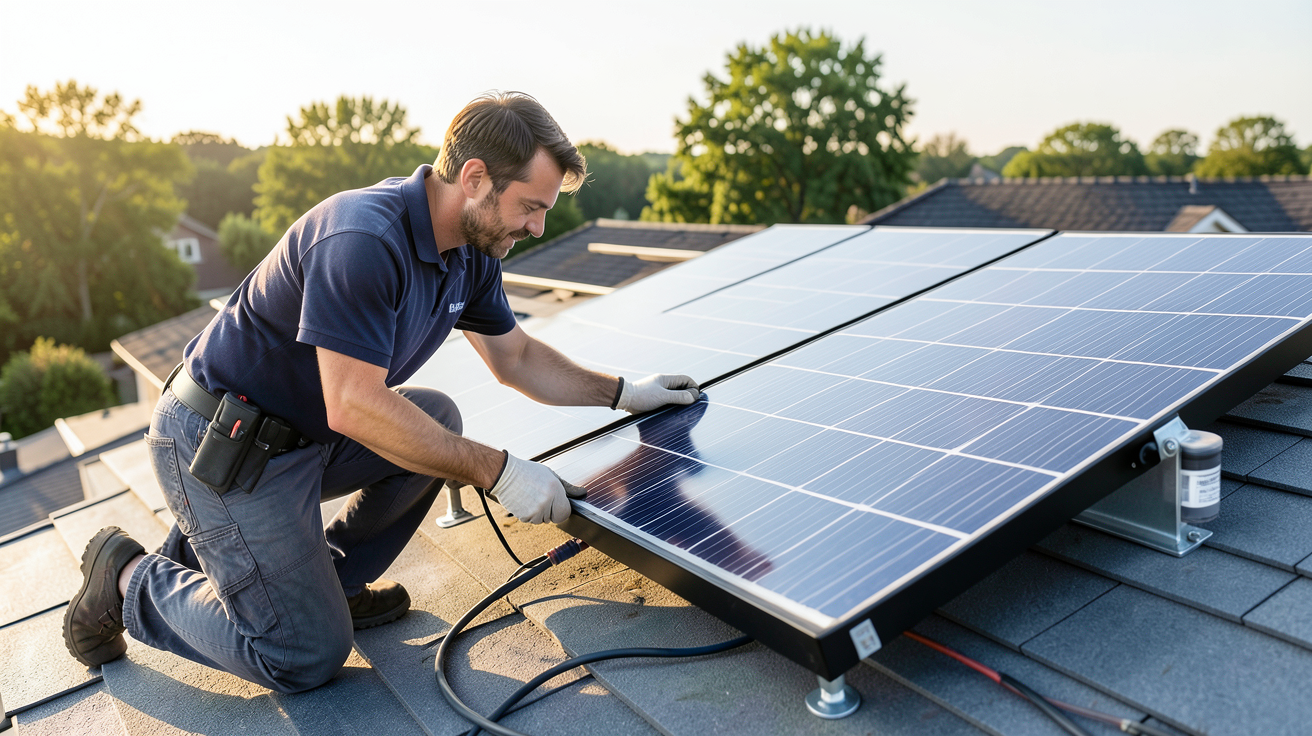 panneau photovoltaïque avec batterie lors des étapes d'installation et de raccordement sur un toit
