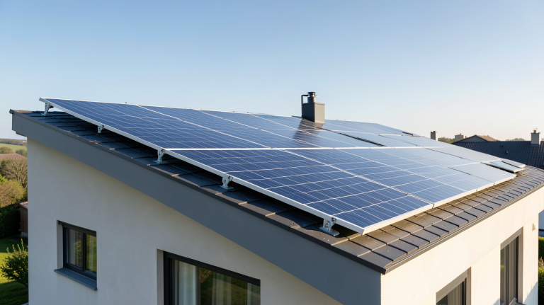 panneau photovoltaïque avec batterie de stockage installé sur le toit d'une maison contemporaine
