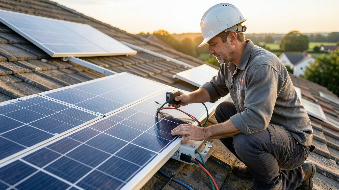 panneau photovoltaïque avec micro onduleur installé sur un toit résidentiel lors des étapes d'installation