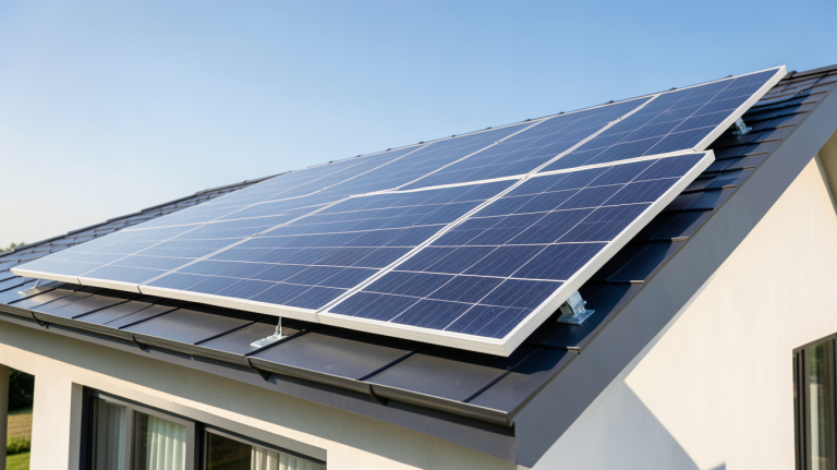 panneau photovoltaïque avec micro onduleur installé sur le toit d'une maison moderne