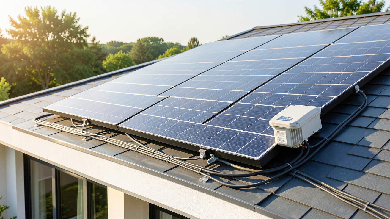 panneau photovoltaïque avec onduleur intégré installé sur le toit d'une maison moderne