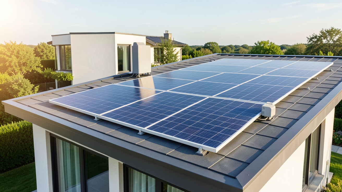 panneau photovoltaïque avec onduleur intégré installé sur le toit d'une maison moderne