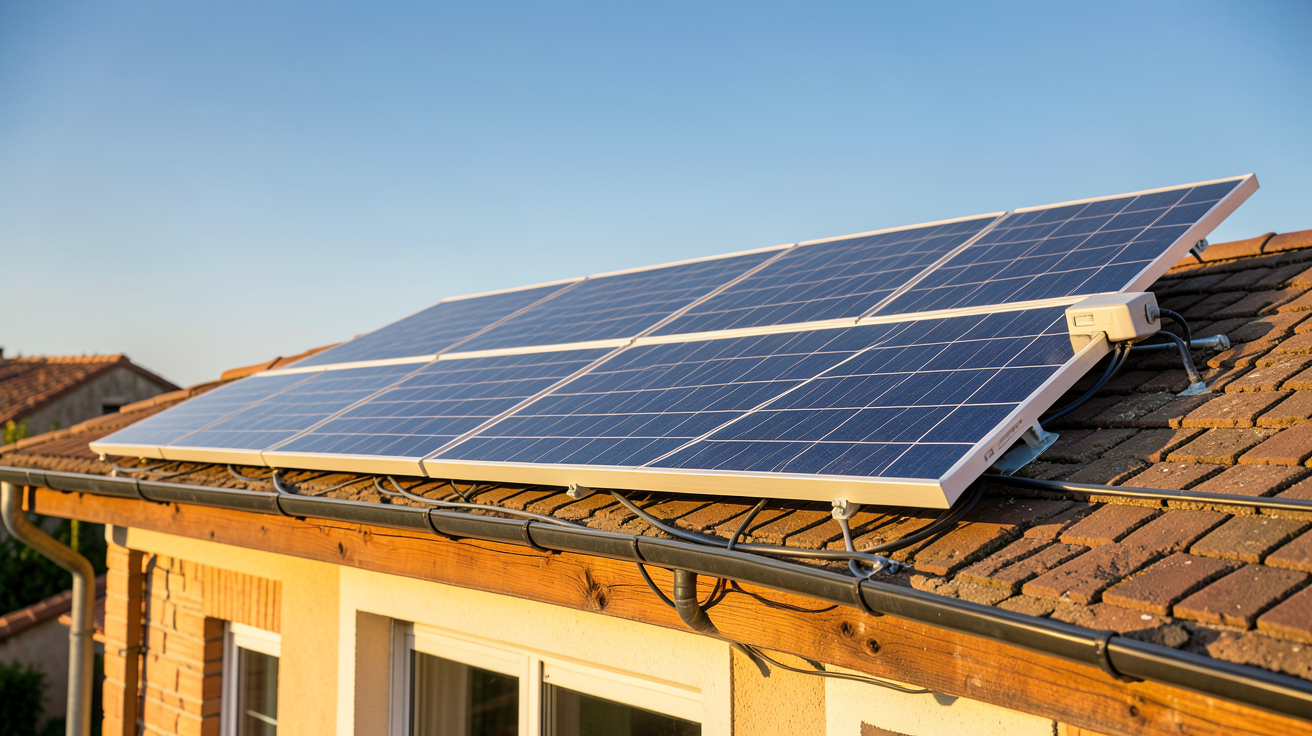 panneau photovoltaïque avec onduleur intégré installé sur le toit d'une maison en été