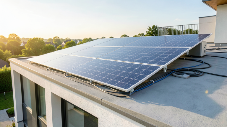 panneau photovoltaïque avec stockage installé sur le toit d'une maison moderne avec batterie de stockage visible