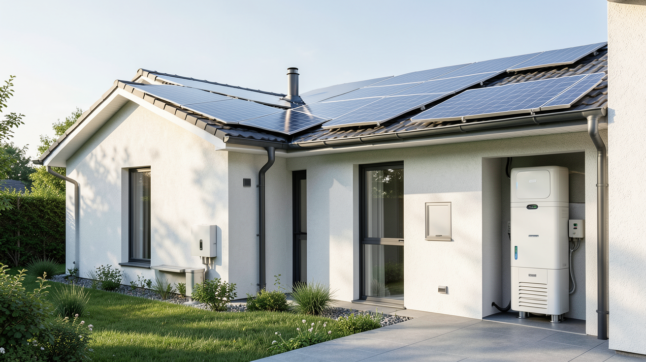 panneau photovoltaique avec stockage système solaire batterie installé sur une maison moderne