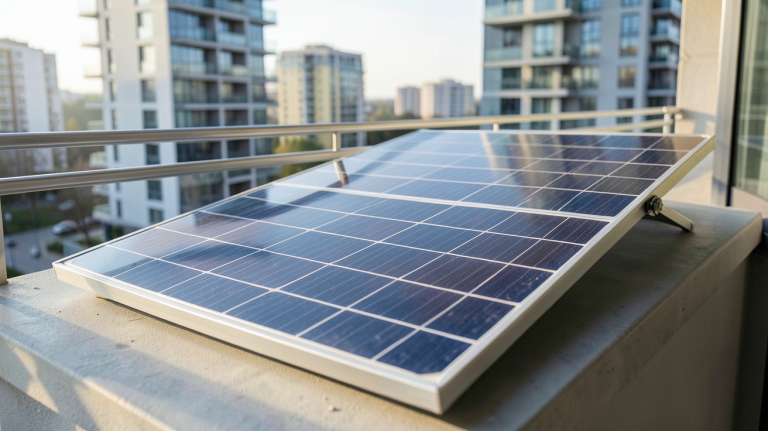panneau photovoltaïque installé sur un balcon d'appartement en milieu urbain