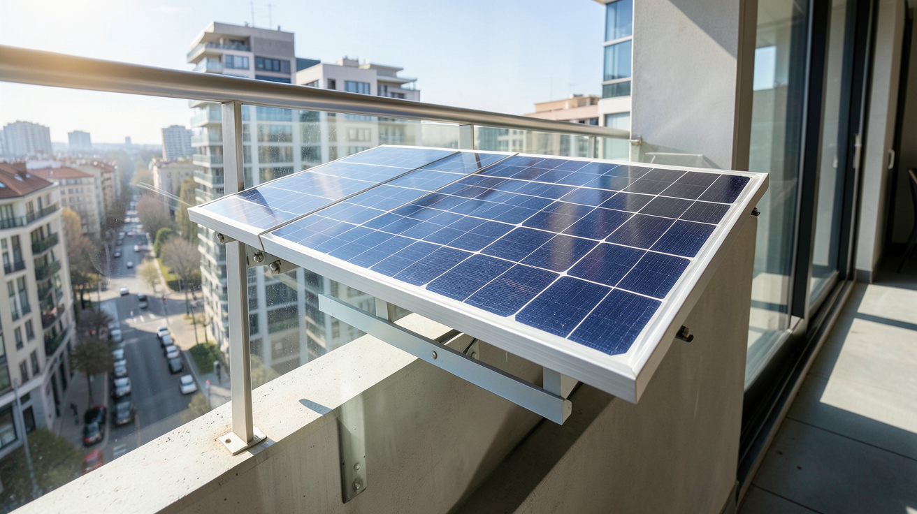 panneau photovoltaique balcon installé sur une rambarde d'appartement moderne sous la lumière du soleil