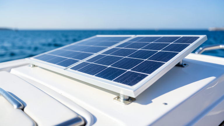 panneau photovoltaïque installé sur le cockpit d'un bateau de plaisance avec vue sur la mer