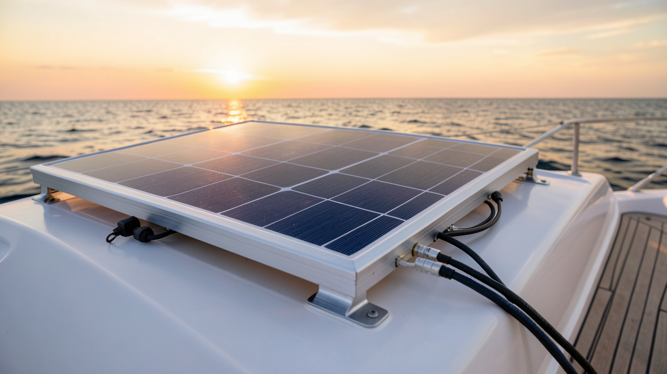 panneau photovoltaïque installé sur le pont d'un bateau de plaisance avec système de fixation en aluminium anodisé