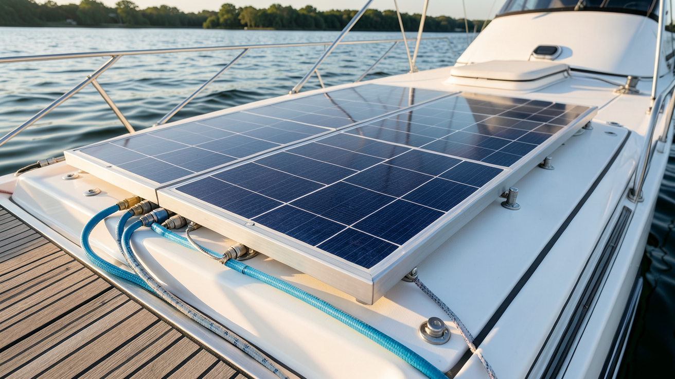 panneau photovoltaïque installé sur le pont d'un bateau de plaisance avec câbles de raccordement et fixations