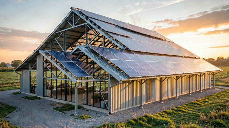 panneau photovoltaïque installé sur le toit d'un bâtiment agricole moderne