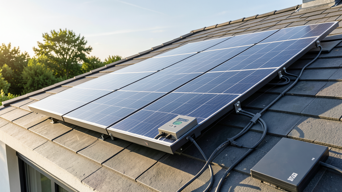 panneau photovoltaïque batterie installé sur le toit d'une maison moderne en France