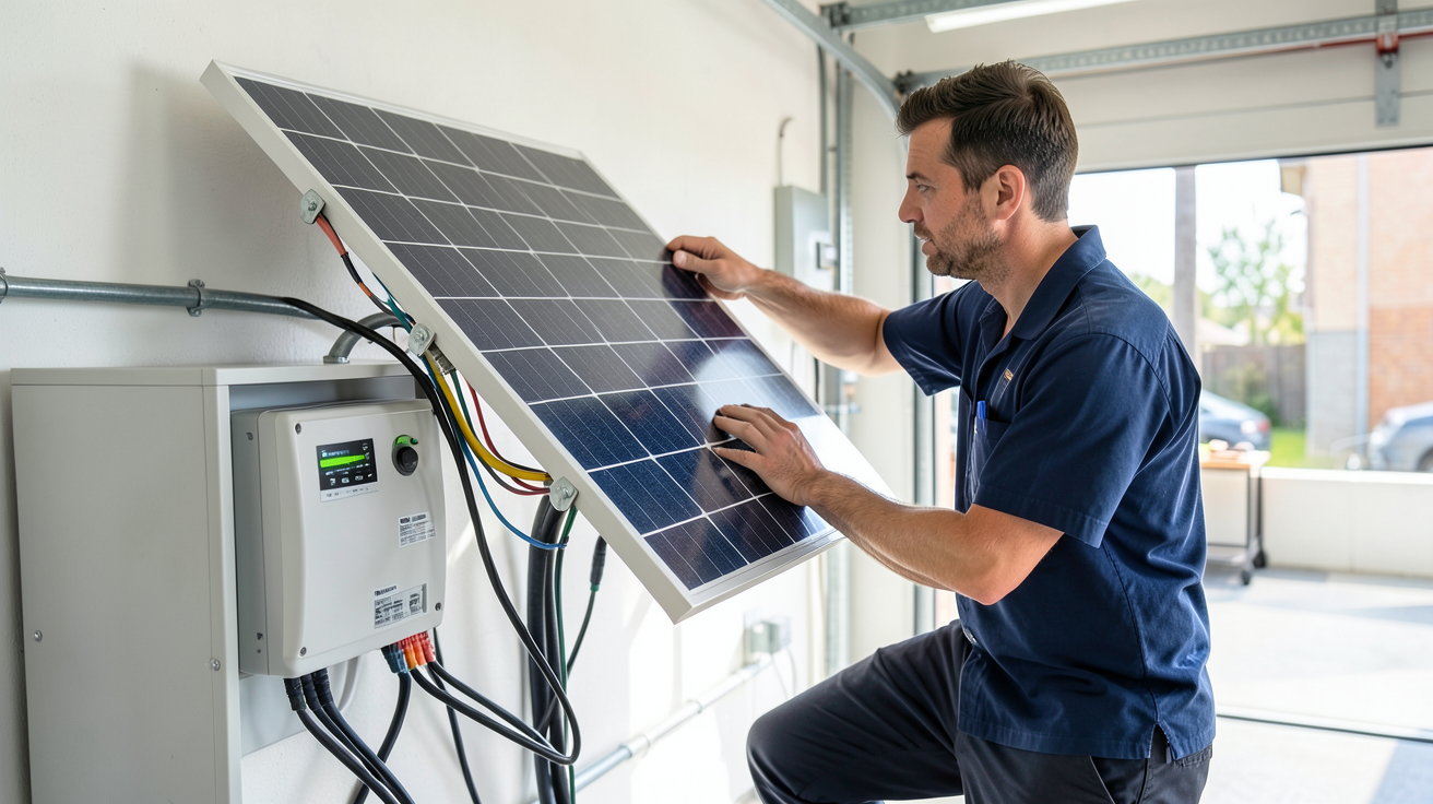 panneau photovoltaïque connecté à une batterie de stockage et à un onduleur hybride lors de l'installation