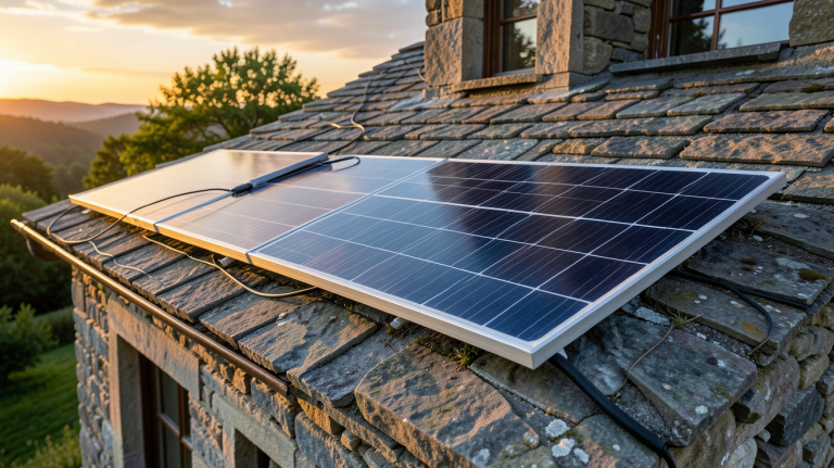 panneau photovoltaïque batterie installé sur le toit d'une maison rurale en pierre