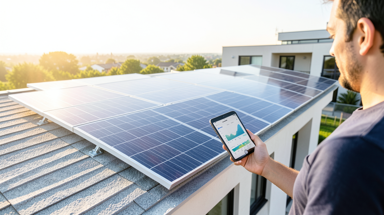 panneau photovoltaique batterie virtuelle avec gestion numérique de l'énergie sur une maison moderne
