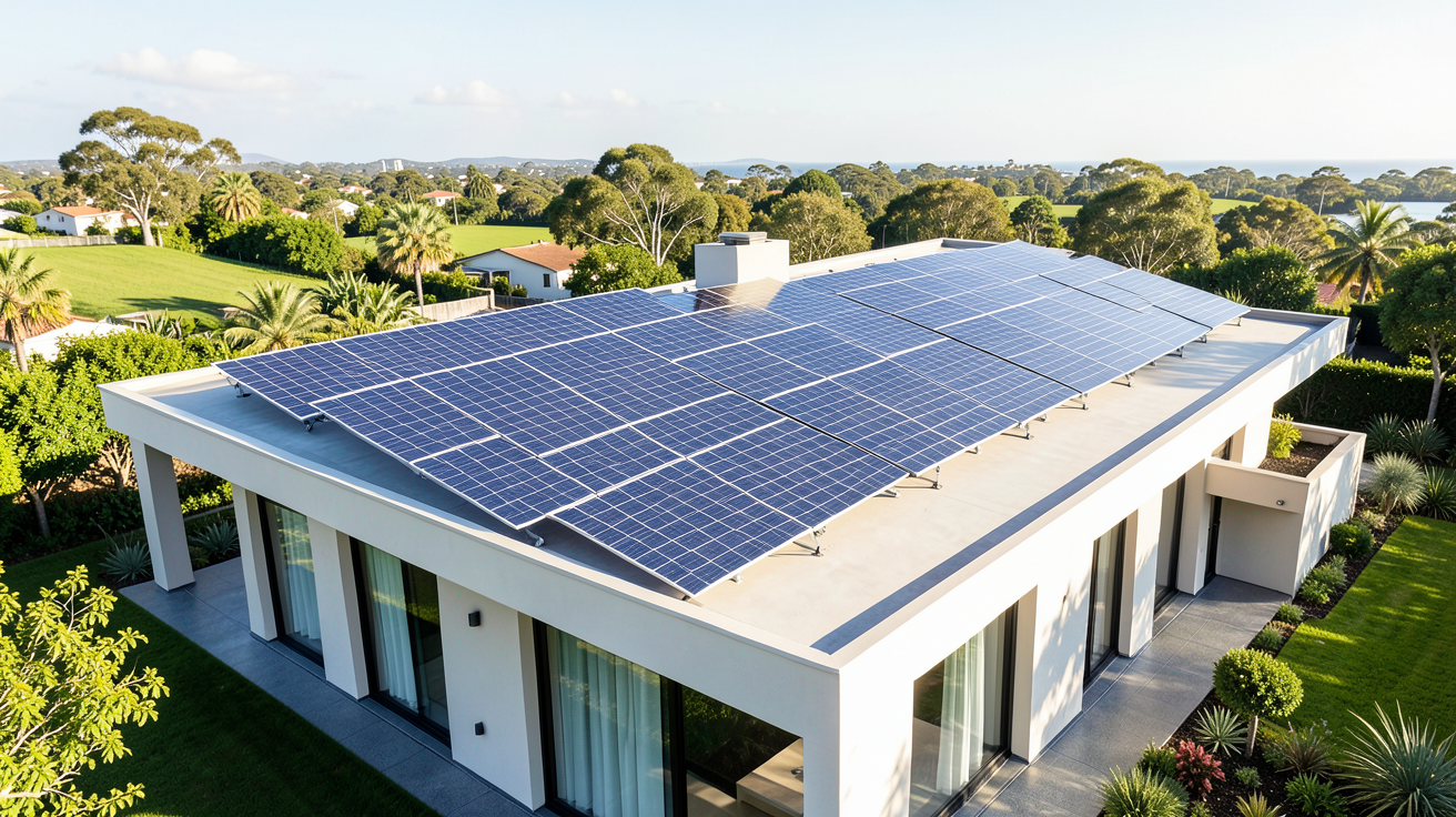 panneau photovoltaique batterie virtuelle installé sur le toit d'une résidence moderne et lumineuse