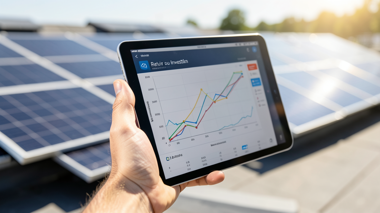 panneau photovoltaique batterie virtuelle illustrant la simulation du retour sur investissement sur une tablette numérique