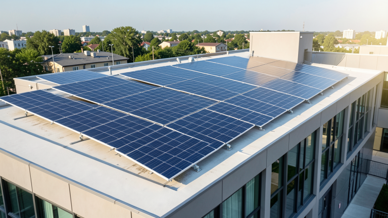 panneau photovoltaique batterie virtuelle installé sur le toit d'un bâtiment commercial moderne, capturant l'énergie solaire