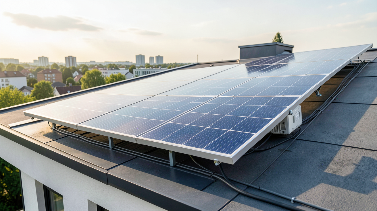 panneau photovoltaïque Beem installé sur le toit d'une maison moderne illustrant les aides financières 2024