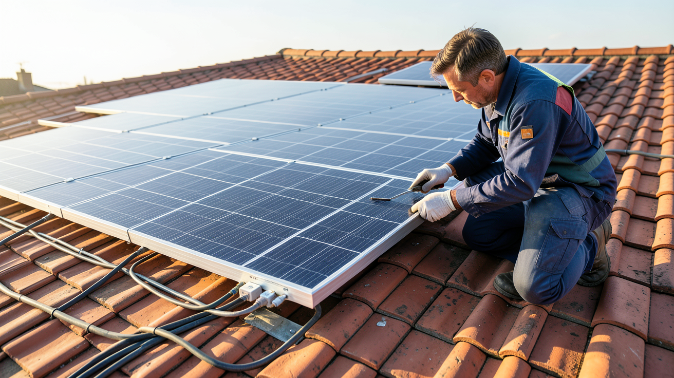 panneau photovoltaïque Beem en cours d'installation sur un toit en tuiles rouges par un technicien
