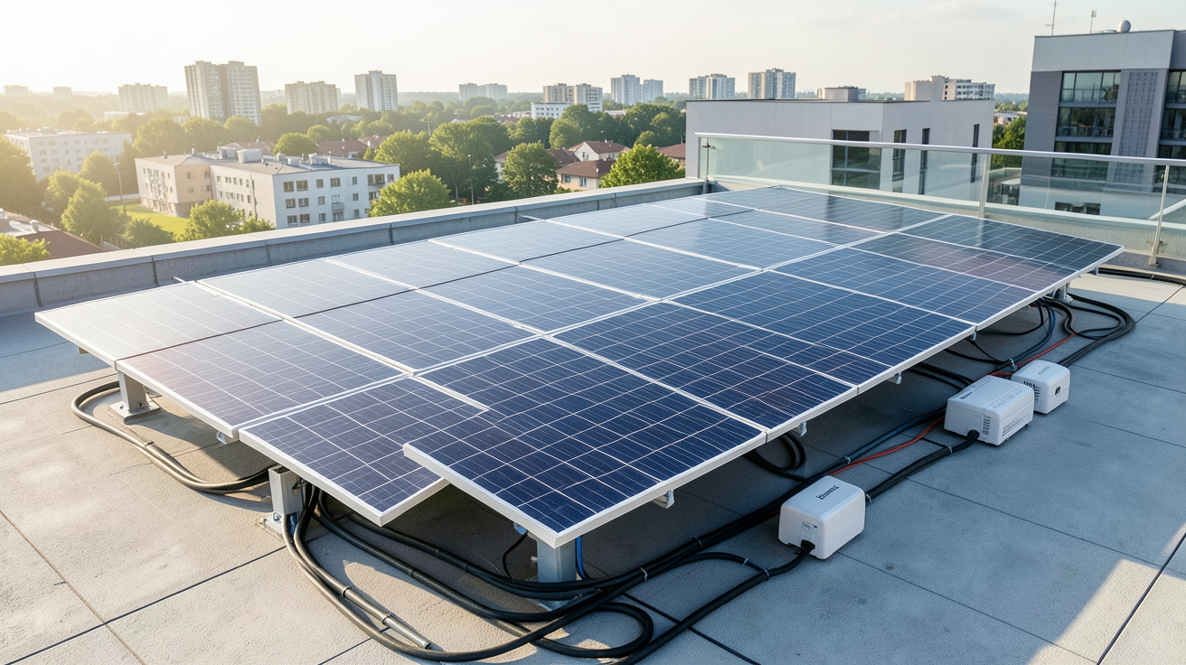 panneau photovoltaique Beem plusieurs kits solaires installés sur un toit de maison moderne avec onduleurs et supports