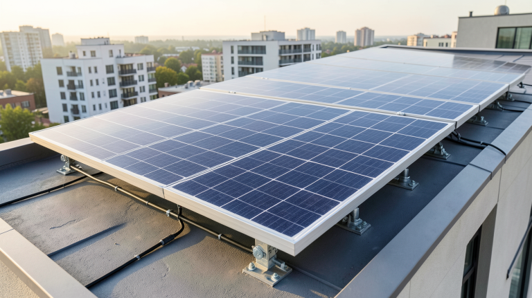 panneau photovoltaïque Beem installé sur le toit d'une maison urbaine moderne