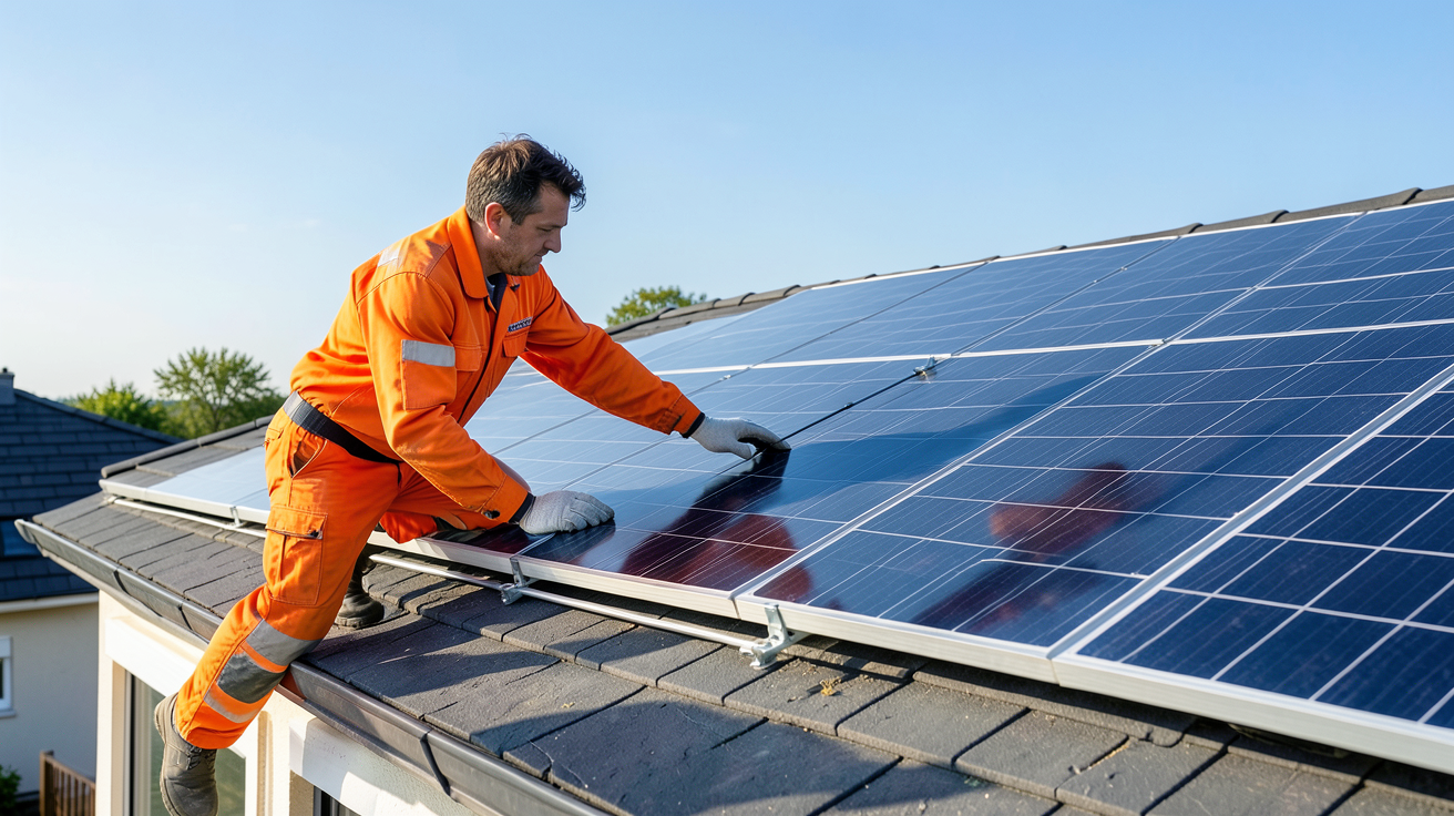 panneau photovoltaïque bi verre en cours d'installation par un technicien sur un toit résidentiel