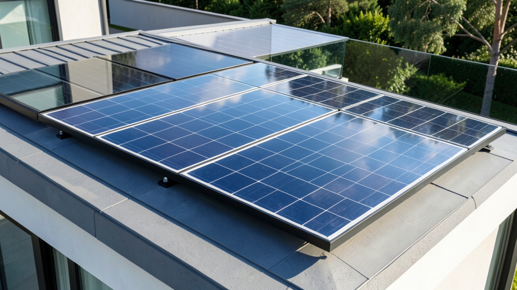 panneau photovoltaique bi verre installé sur un toit moderne sous un ciel dégagé