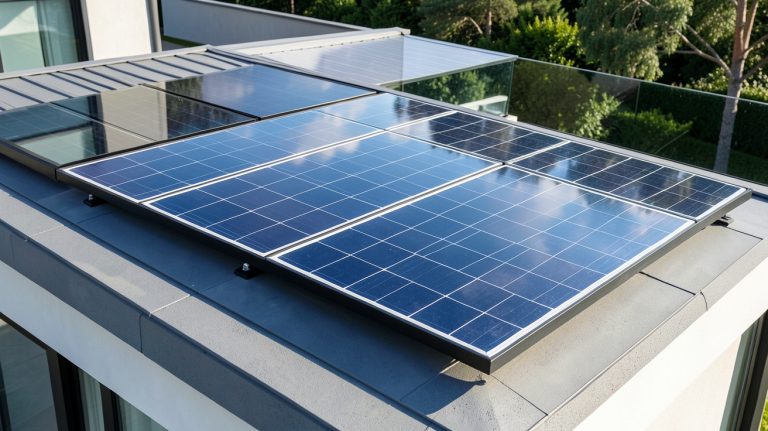 panneau photovoltaique bi verre installé sur un toit moderne sous un ciel dégagé