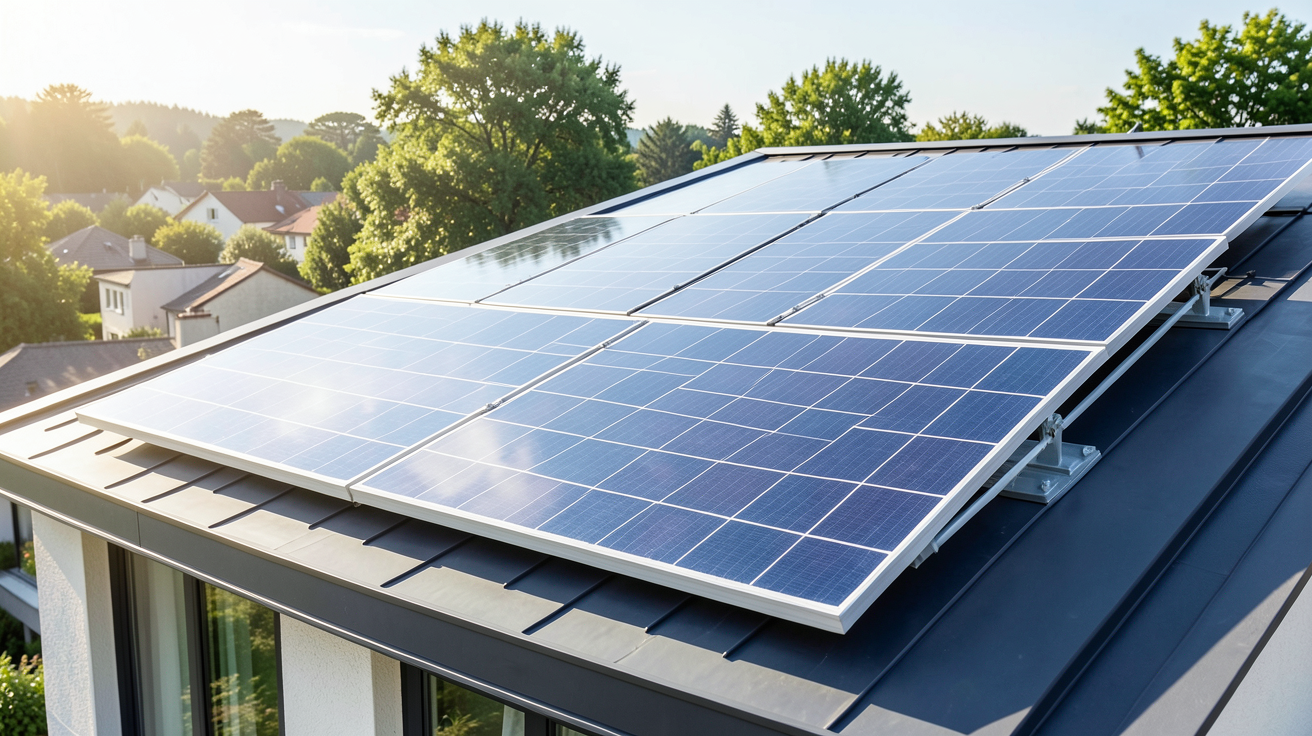 panneau photovoltaïque bi-verre installé sur le toit d'une maison moderne sous un ciel bleu