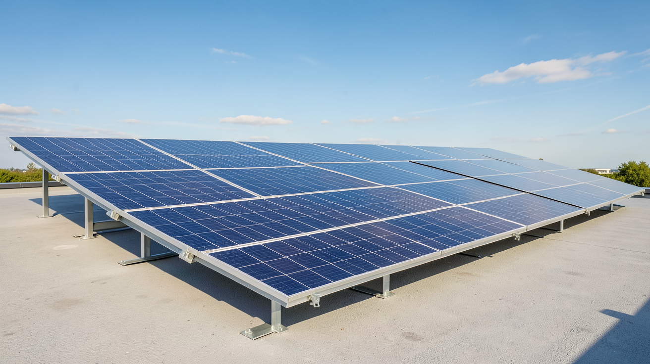 panneau photovoltaïque biface installé sur un toit plat avec inclinaison optimale pour capter la lumière directe et réfléchie