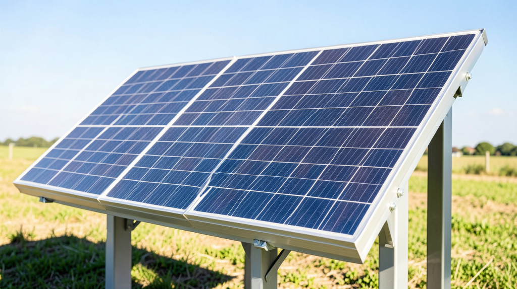 panneau photovoltaique biface installé sur une structure métallique sous un ciel dégagé