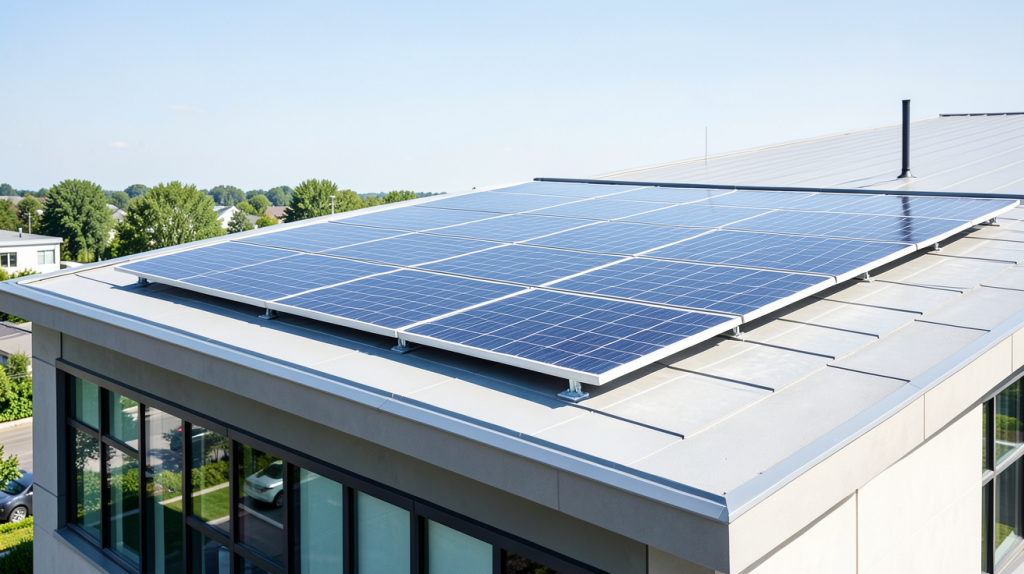 panneau photovoltaïque bifacial installé sur le toit d'un bâtiment moderne, capturant la réflexion du soleil sur ses deux faces.