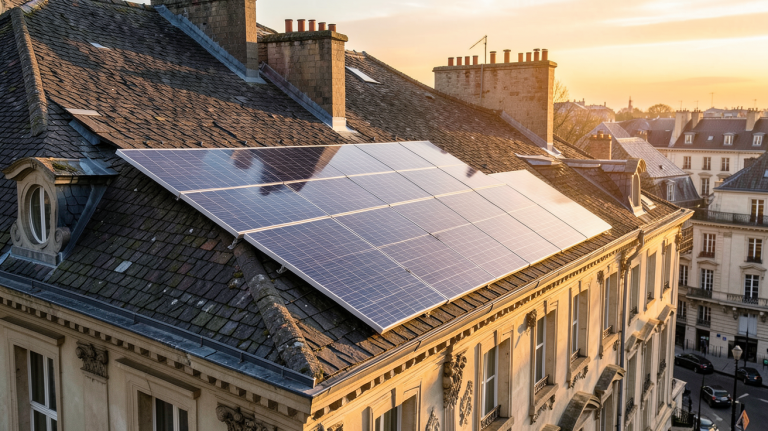 panneau photovoltaïque installé sur le toit d'une maison bourgeoise du XIXe siècle