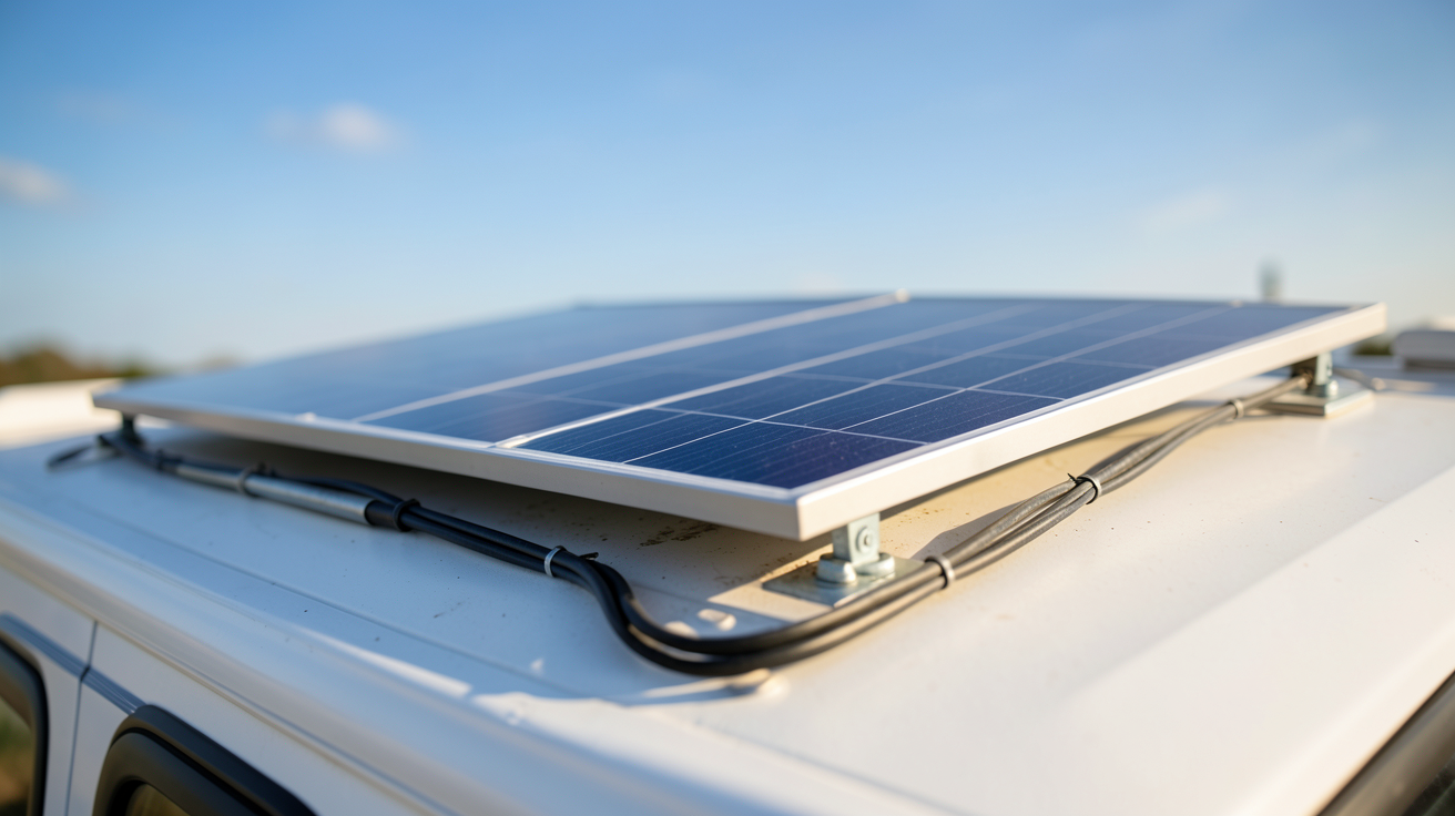 panneau photovoltaïque installé sur le toit d'un camping-car avec des fixations métalliques et câbles organisés