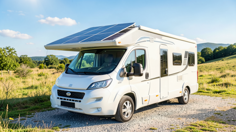 panneau photovoltaique camping car installé sur le toit d'un véhicule de loisirs en plein air