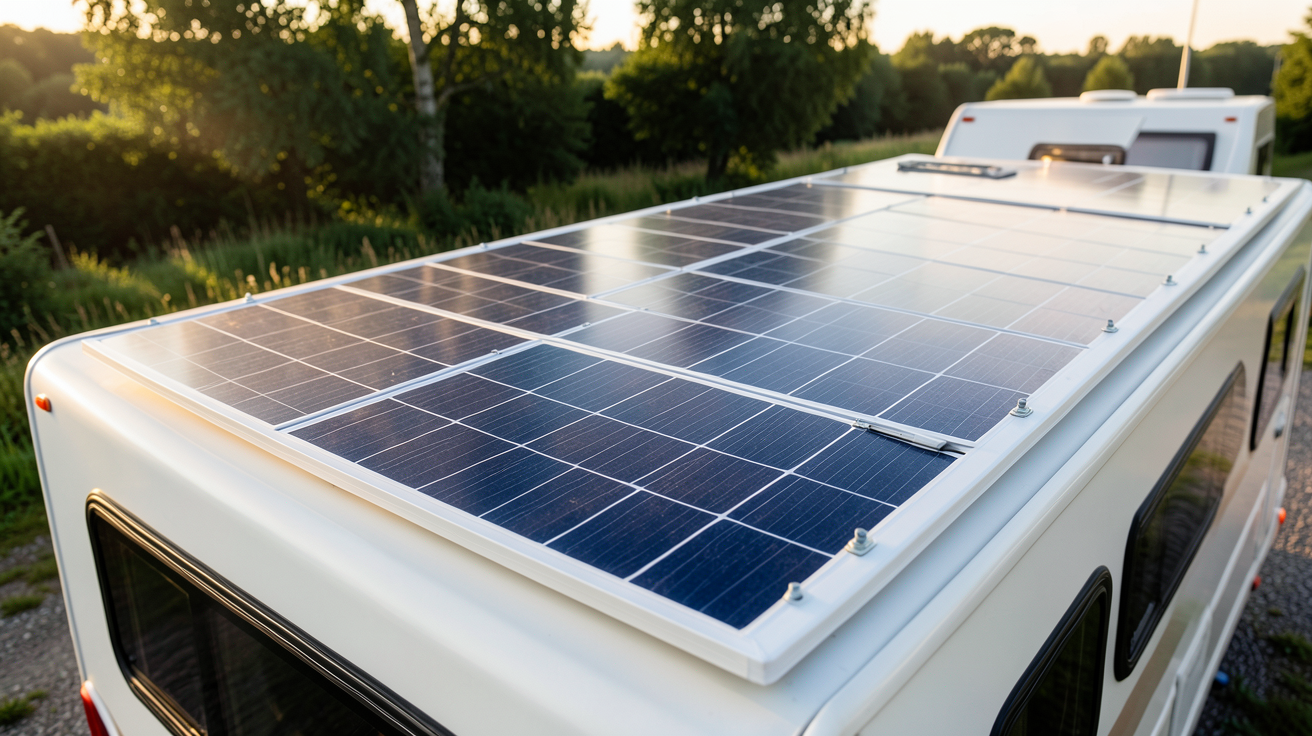 panneau photovoltaïque monocristallin flexible installé sur le toit d'un camping-car moderne