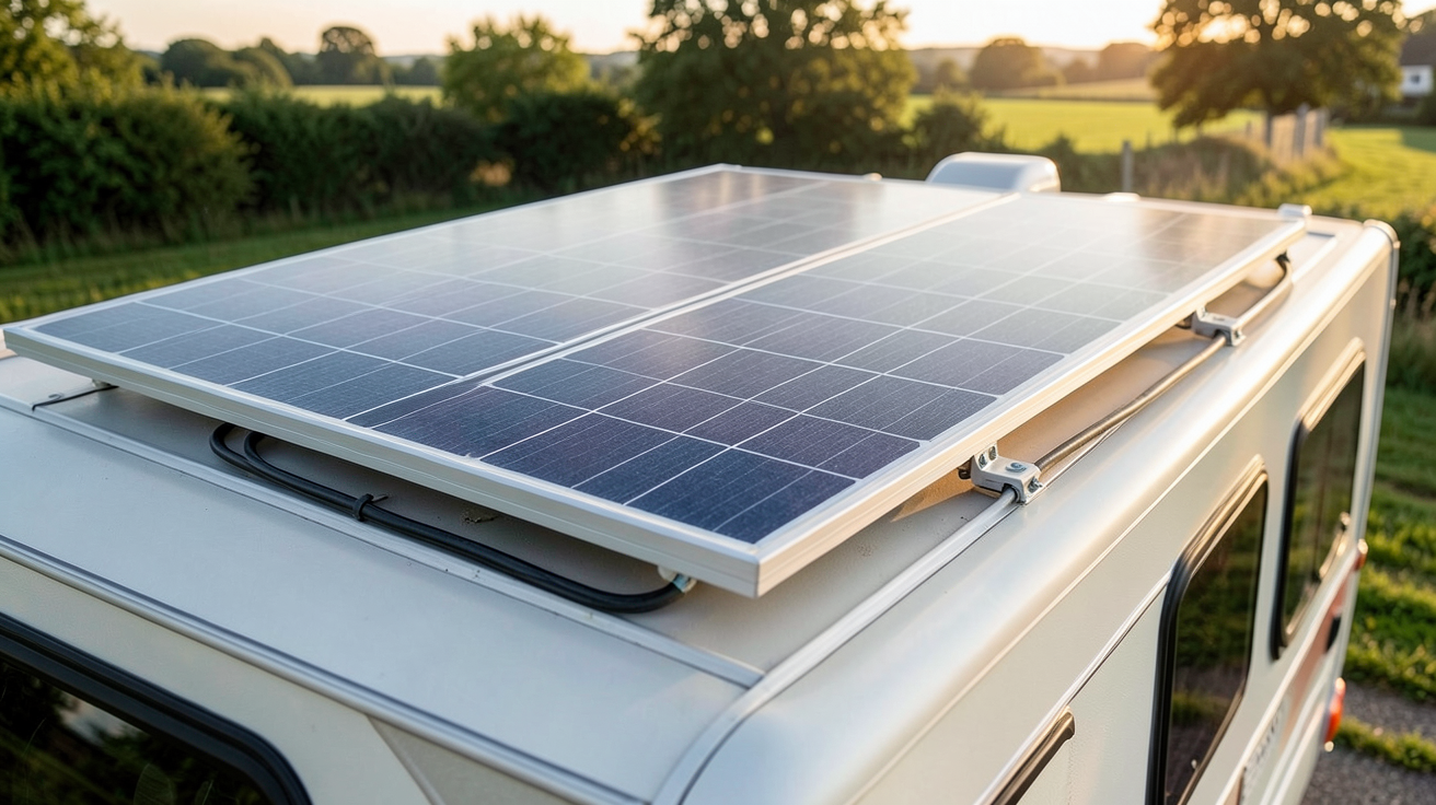 panneau photovoltaïque pour camping car de 200W installé sur le toit d'un véhicule aménagé