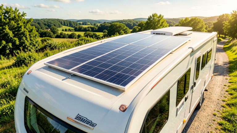 panneau photovoltaique caravane installé sur le toit d'un camping-car en plein air
