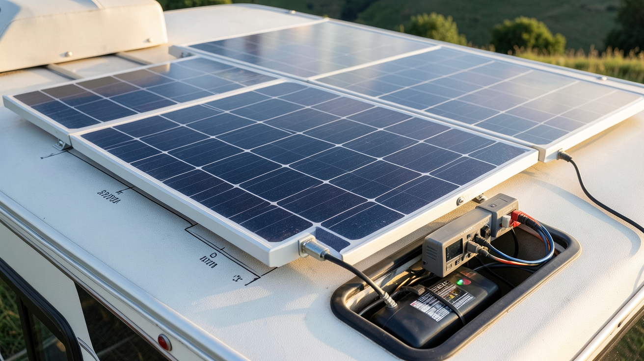 panneau photovoltaïque installé sur le toit d'une caravane avec régulateur de charge et batterie
