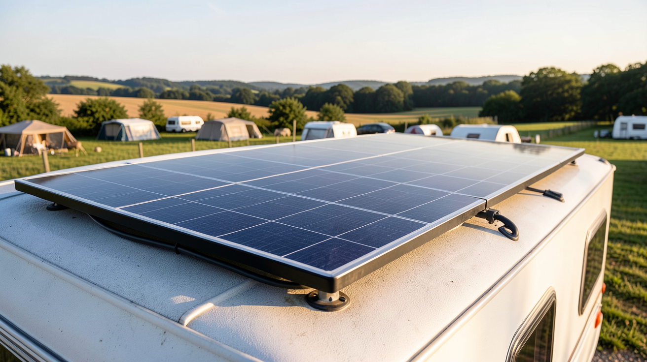 panneau photovoltaïque installé sur le toit d'une caravane avec câbles et fixations visibles