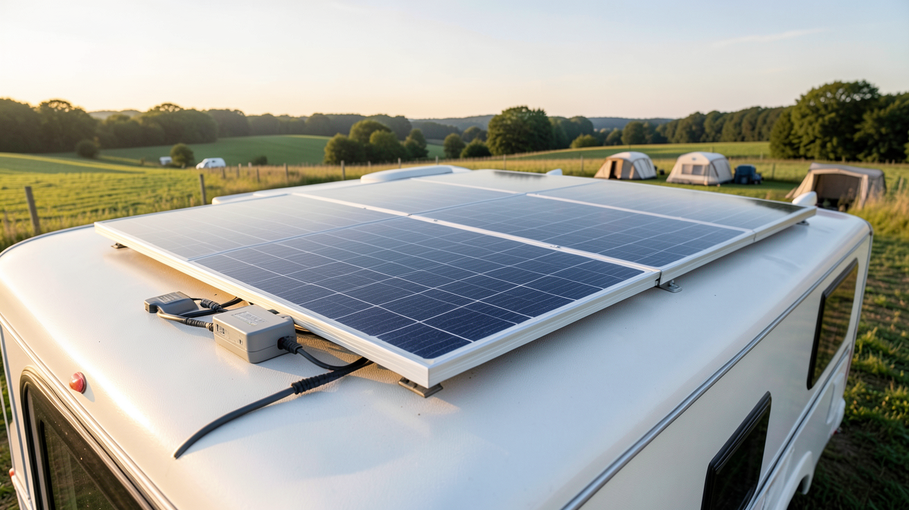 panneau photovoltaïque installé sur le toit d'une caravane moderne avec kit solaire complet