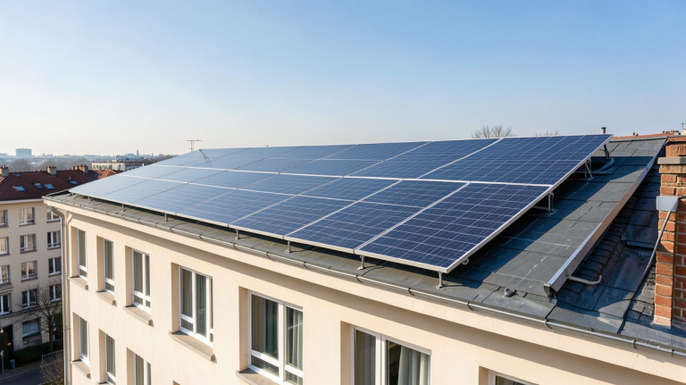 panneau photovoltaïque installé sur le toit d'un immeuble en copropriété en milieu urbain