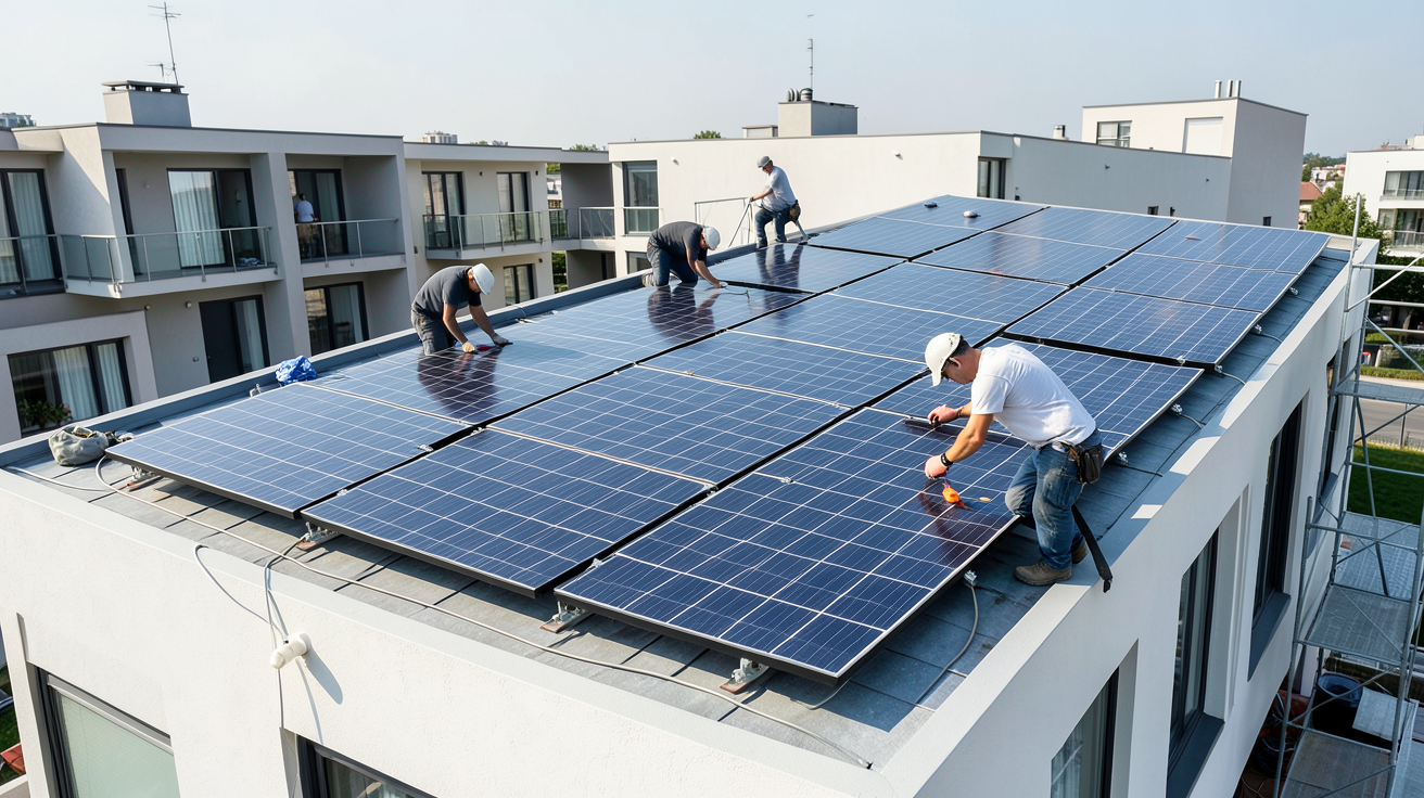 panneau photovoltaique copropriété en cours d'installation sur le toit d'un bâtiment résidentiel