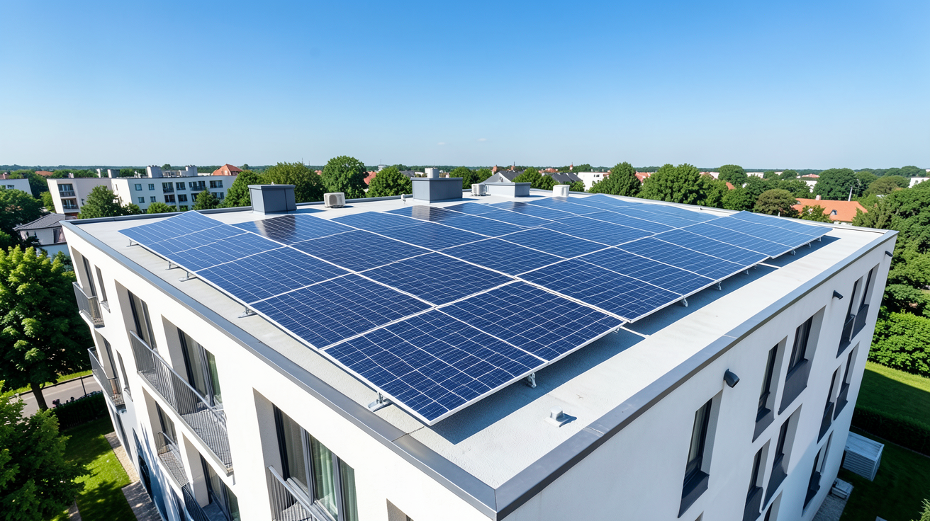 panneau photovoltaique copropriété installé sur le toit d'un immeuble résidentiel moderne
